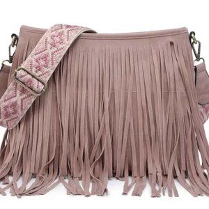 NWT Sadie - Vegan Suede Fringe Crossbody w/ Guitar Strap Mauve
